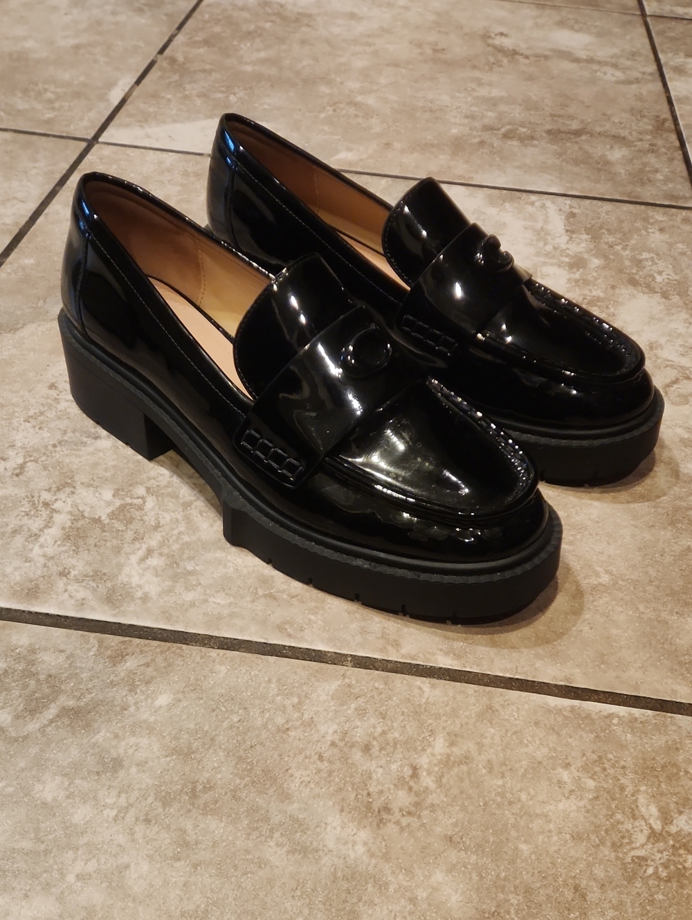 Coach Black Patent Chunky Loafer Heels - Women's Stylish Slip-On